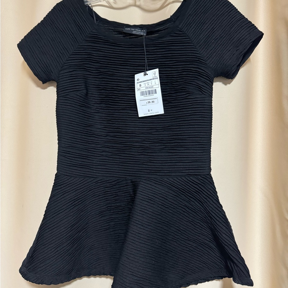 New Zara W&B Collection Black Peplum Short Sleeve Blouse Size S